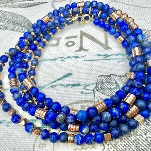 Artisan Royal Blue Lapis & Gold Lava Stone Statement Wire Wrap Bracelet